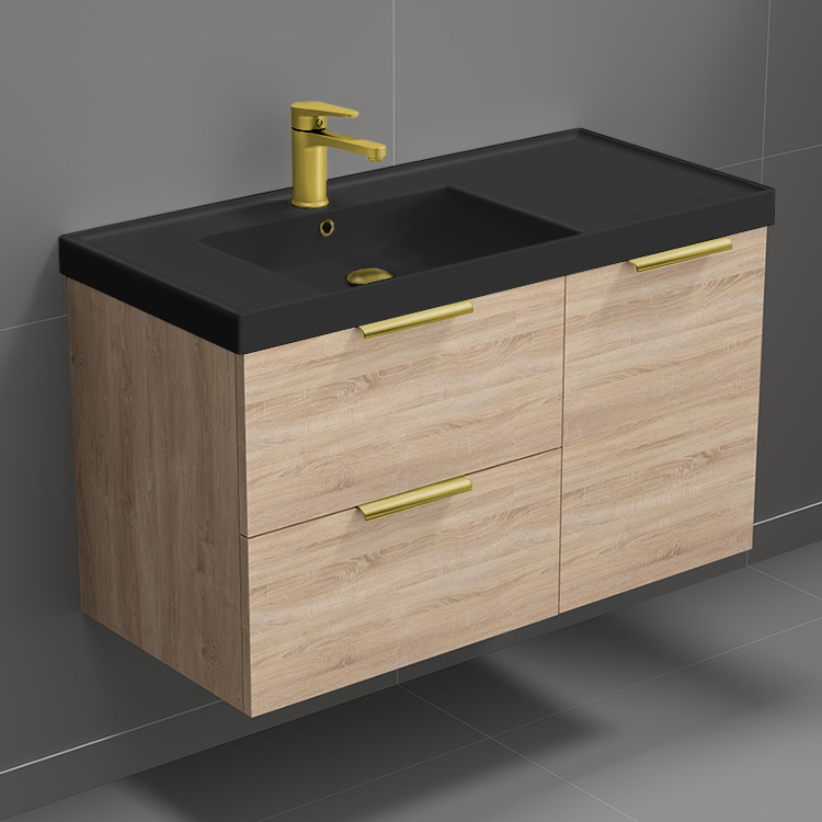 Nameeks LISBON23 Modern Bathroom Vanity With Black Sink, Wall Mounted, Single, 36 Inch, Brown Oak